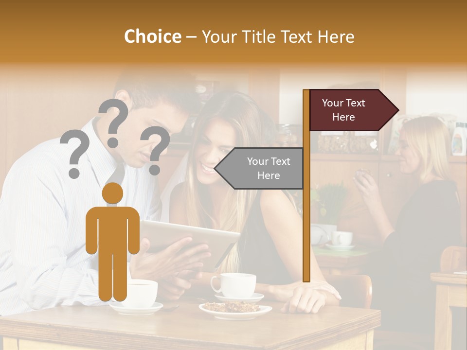 A Man And Woman Sitting At A Table Looking At A Tablet PowerPoint Template