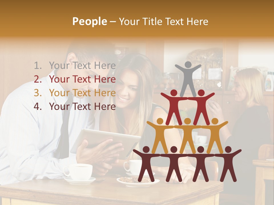 A Man And Woman Sitting At A Table Looking At A Tablet PowerPoint Template