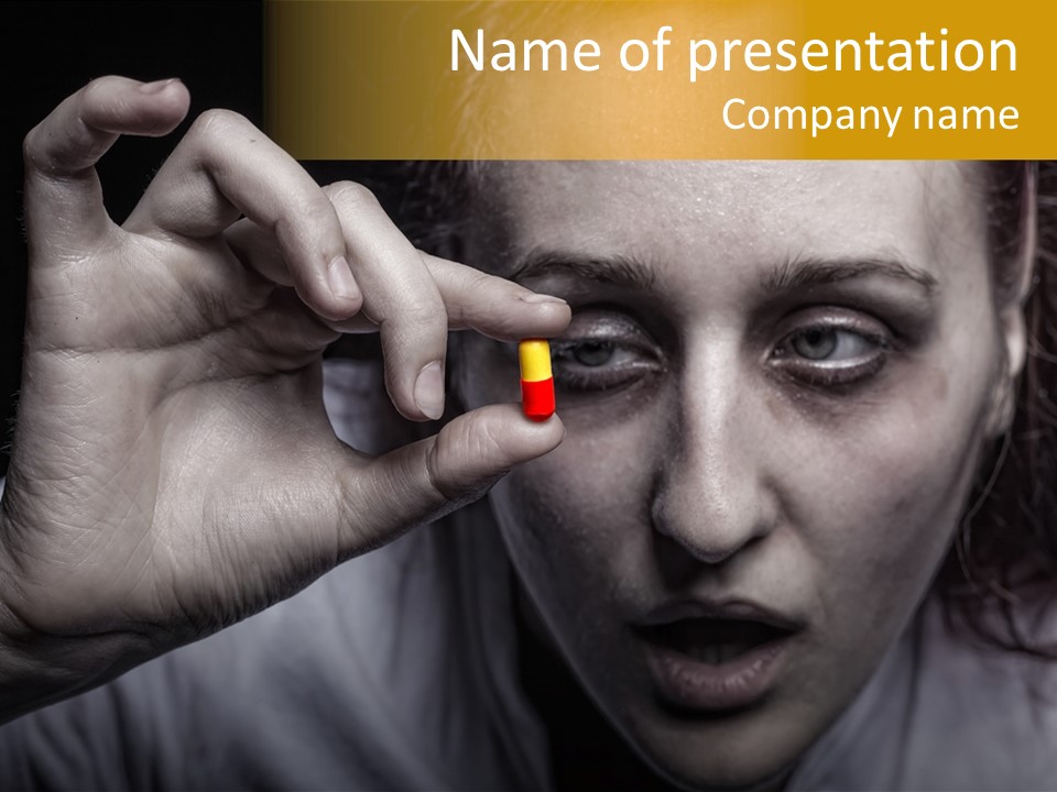 A Woman Holding A Pill Pill In Front Of Her Face PowerPoint Template