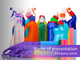 A Pile Of Cleaning Supplies With A Purple Glove PowerPoint Template