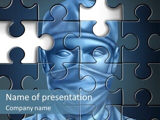 A Blue Man With A Medical Mask On Is Surrounded By Puzzle Pieces PowerPoint Template