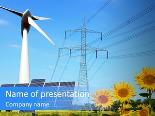 A Wind Turbine With Sunflowers And Power Lines In The Background PowerPoint Template