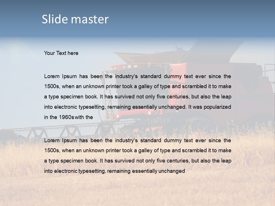 A Big Red Truck Is Driving Through A Field PowerPoint Template