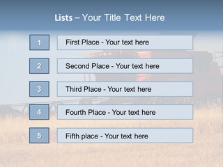 A Big Red Truck Is Driving Through A Field PowerPoint Template