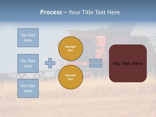 A Big Red Truck Is Driving Through A Field PowerPoint Template