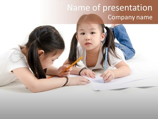 Two Little Girls Writing On A Piece Of Paper PowerPoint Template