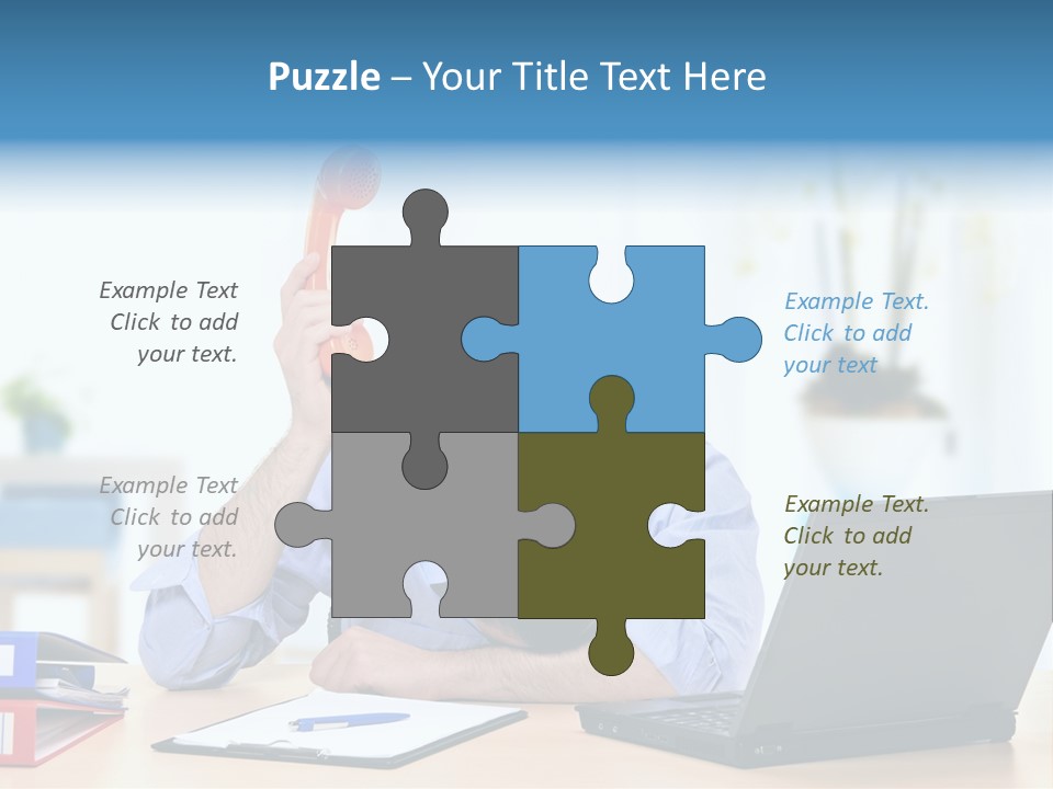 A Man Sitting At A Desk With A Laptop And Telephone PowerPoint Template