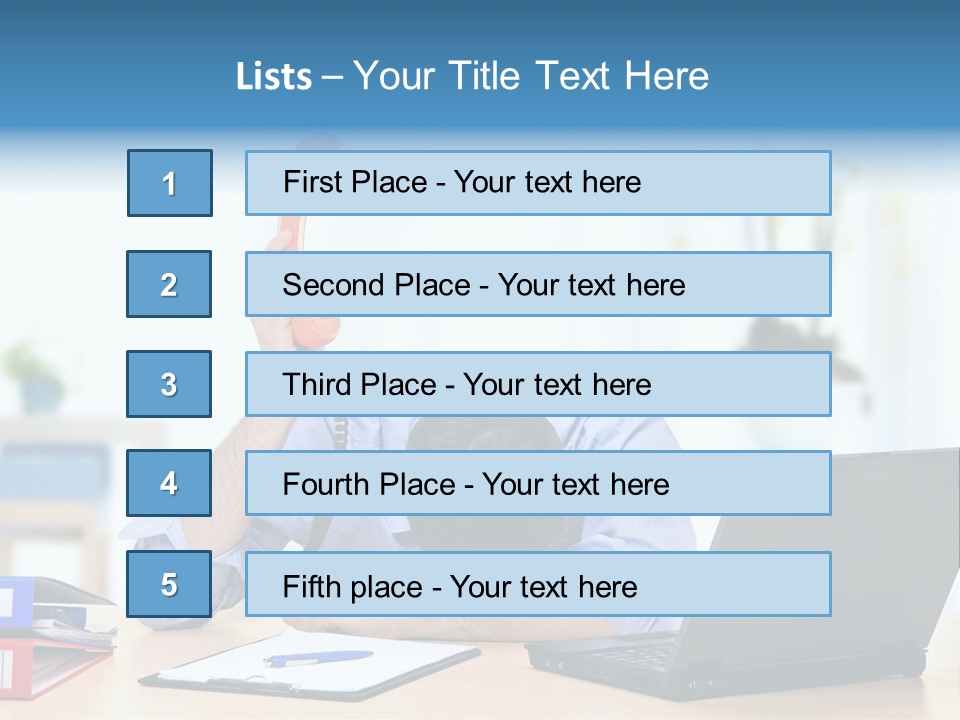 A Man Sitting At A Desk With A Laptop And Telephone PowerPoint Template
