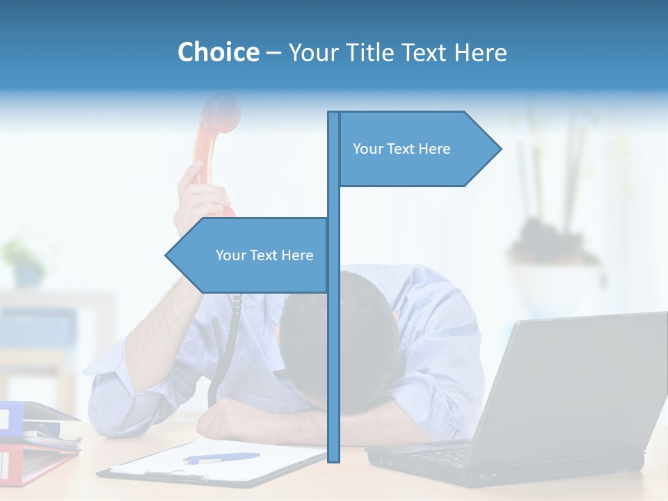 A Man Sitting At A Desk With A Laptop And Telephone PowerPoint Template