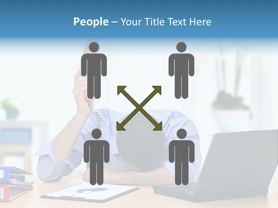 A Man Sitting At A Desk With A Laptop And Telephone PowerPoint Template