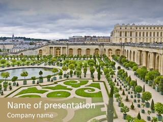 A View Of A Garden With A Fountain In The Middle Of It PowerPoint Template