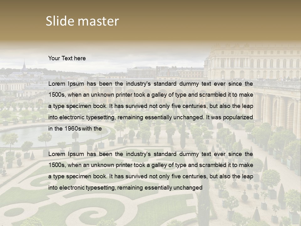 A View Of A Garden With A Fountain In The Middle Of It PowerPoint Template