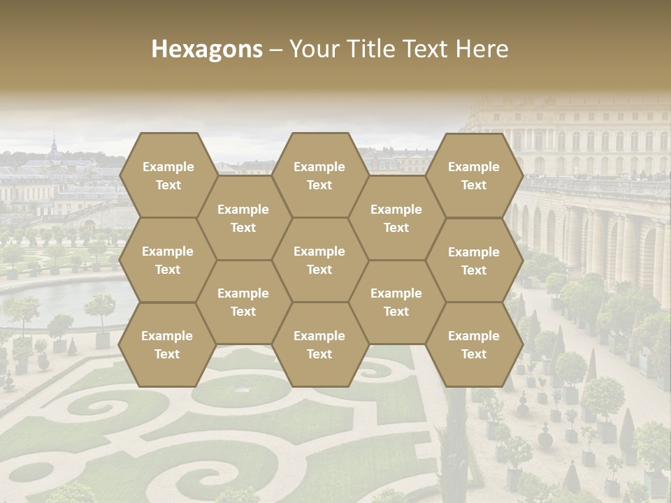 A View Of A Garden With A Fountain In The Middle Of It PowerPoint Template