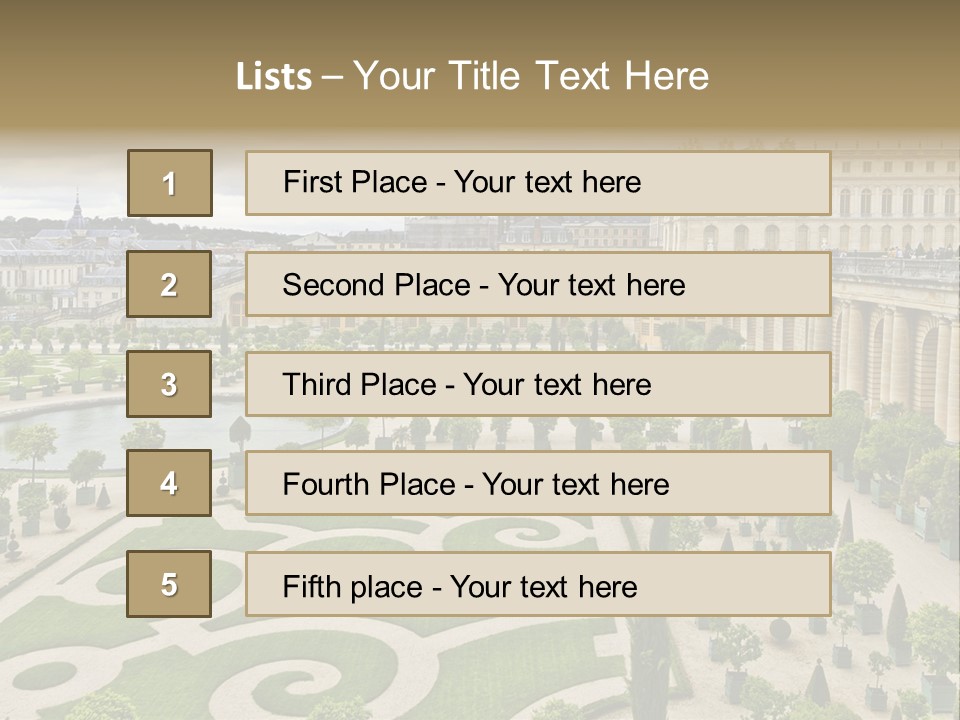 A View Of A Garden With A Fountain In The Middle Of It PowerPoint Template