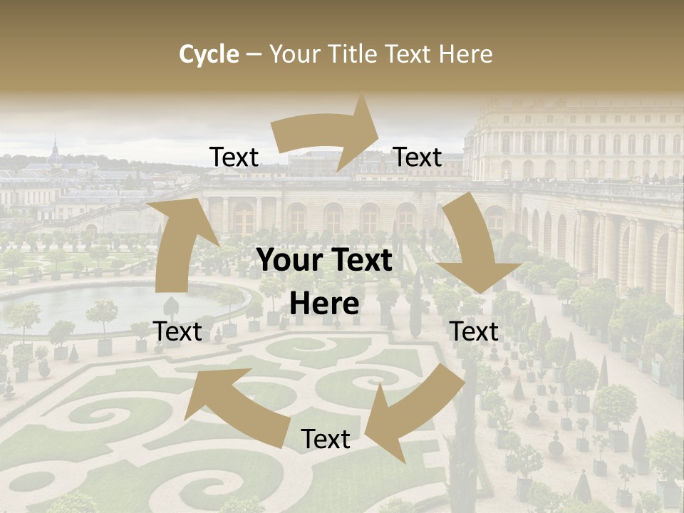 A View Of A Garden With A Fountain In The Middle Of It PowerPoint Template