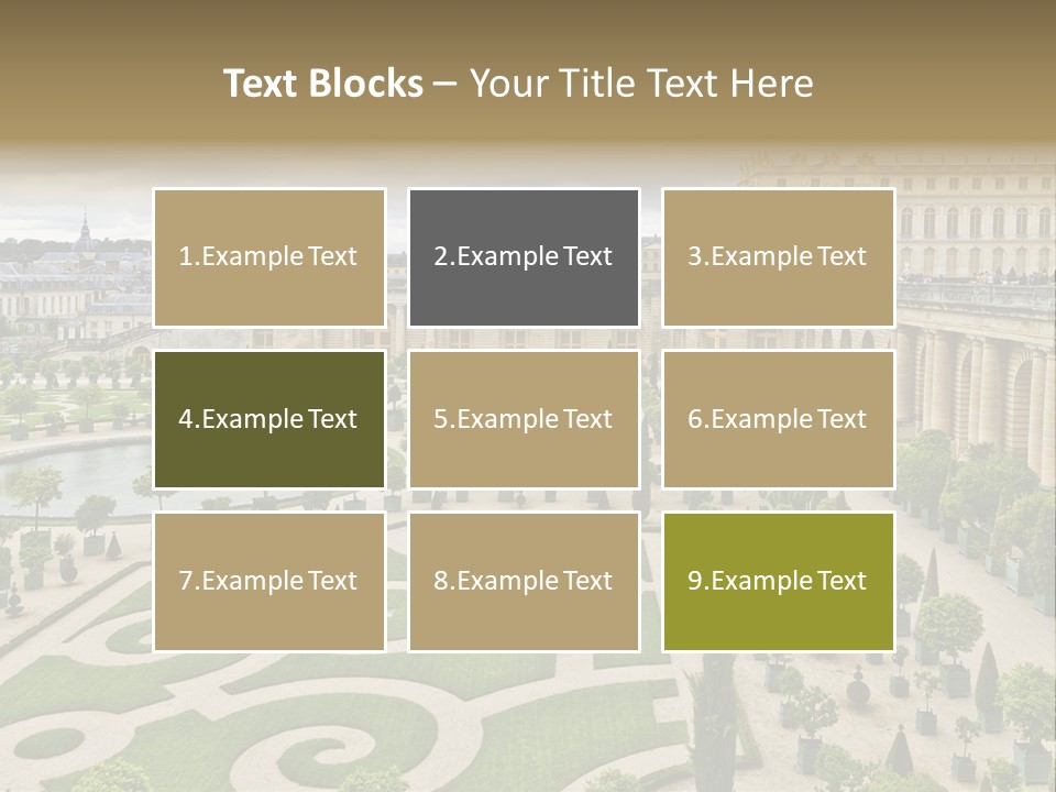 A View Of A Garden With A Fountain In The Middle Of It PowerPoint Template