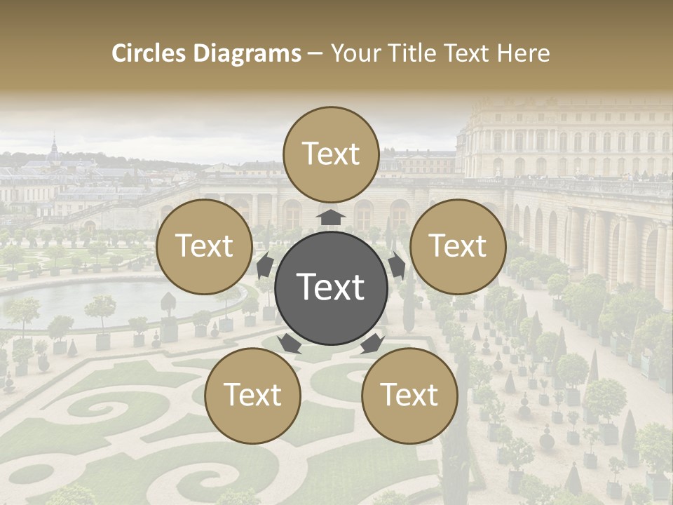 A View Of A Garden With A Fountain In The Middle Of It PowerPoint Template