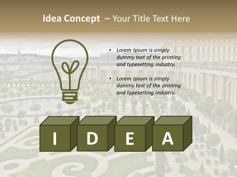 A View Of A Garden With A Fountain In The Middle Of It PowerPoint Template