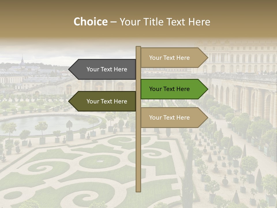 A View Of A Garden With A Fountain In The Middle Of It PowerPoint Template
