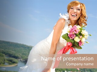 A Woman In A White Dress Holding A Bouquet Of Flowers PowerPoint Template