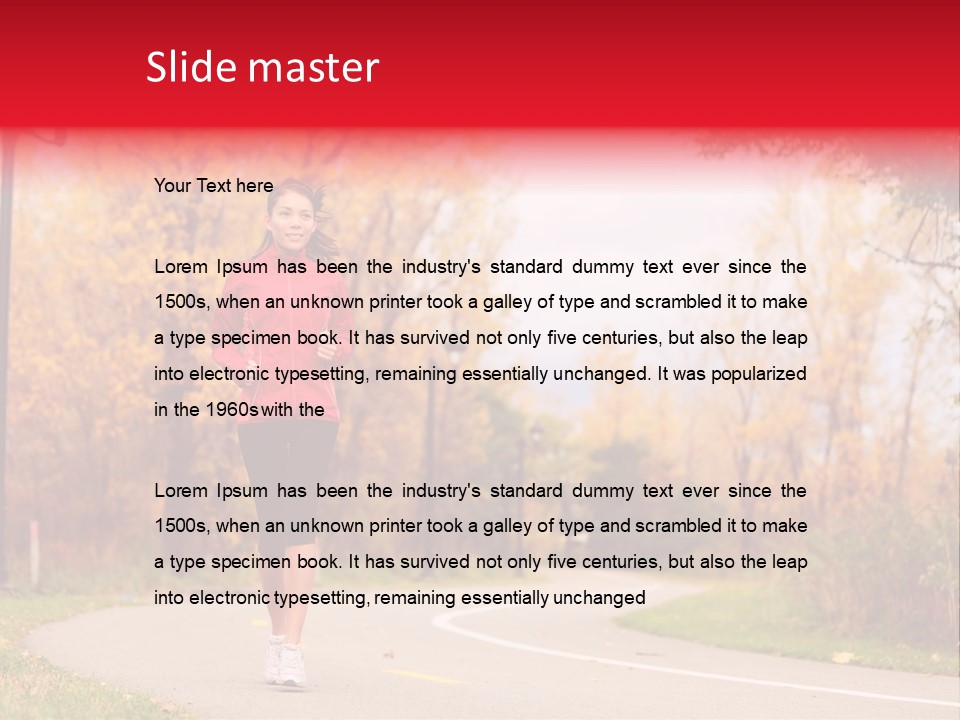 A Woman Running Down A Road In A Red Jacket PowerPoint Template