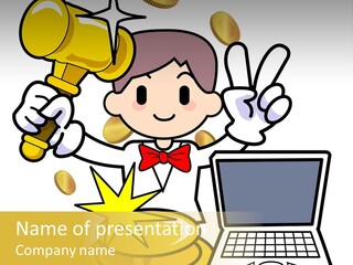 A Cartoon Character Holding A Golden Trophy Over A Laptop PowerPoint Template