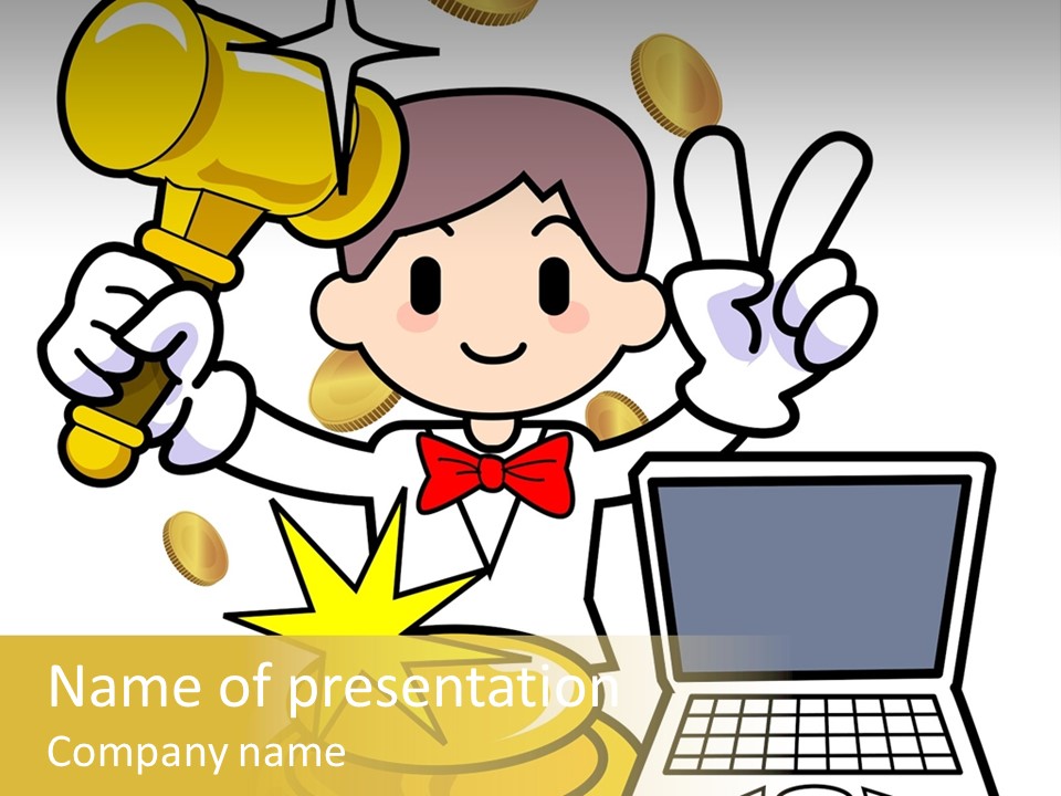 A Cartoon Character Holding A Golden Trophy Over A Laptop PowerPoint Template