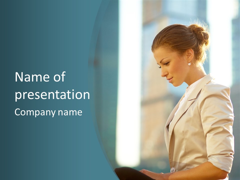 A Woman In A Business Suit Is Looking At Her Tablet PowerPoint Template