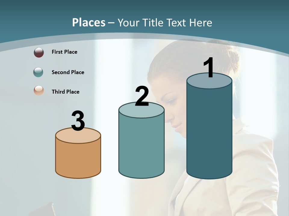 A Woman In A Business Suit Is Looking At Her Tablet PowerPoint Template