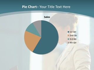 A Woman In A Business Suit Is Looking At Her Tablet PowerPoint Template