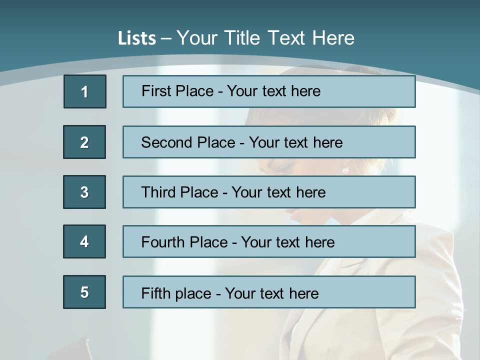 A Woman In A Business Suit Is Looking At Her Tablet PowerPoint Template