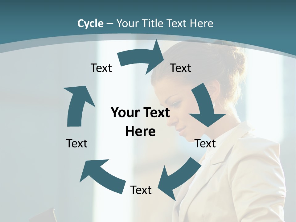 A Woman In A Business Suit Is Looking At Her Tablet PowerPoint Template