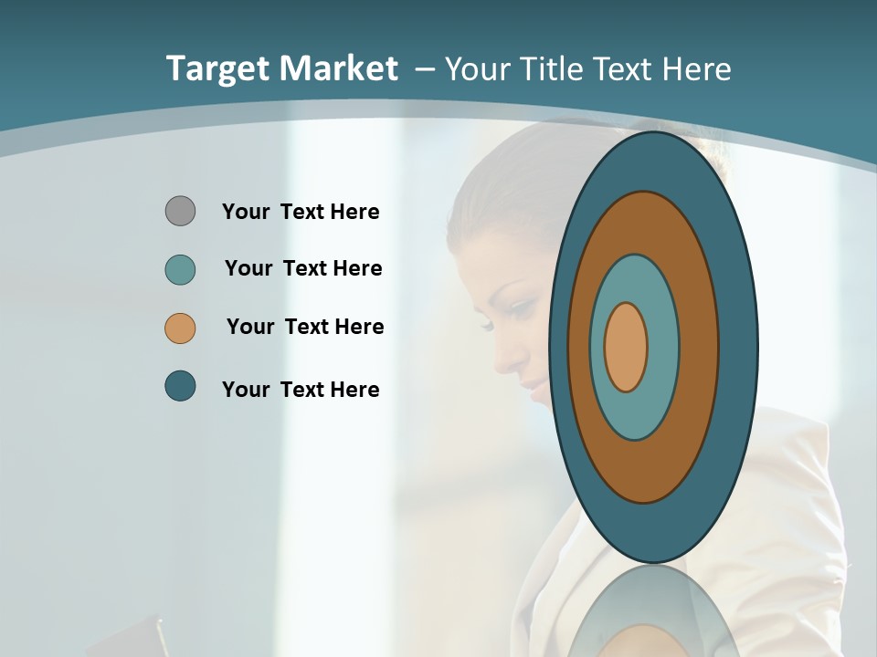 A Woman In A Business Suit Is Looking At Her Tablet PowerPoint Template