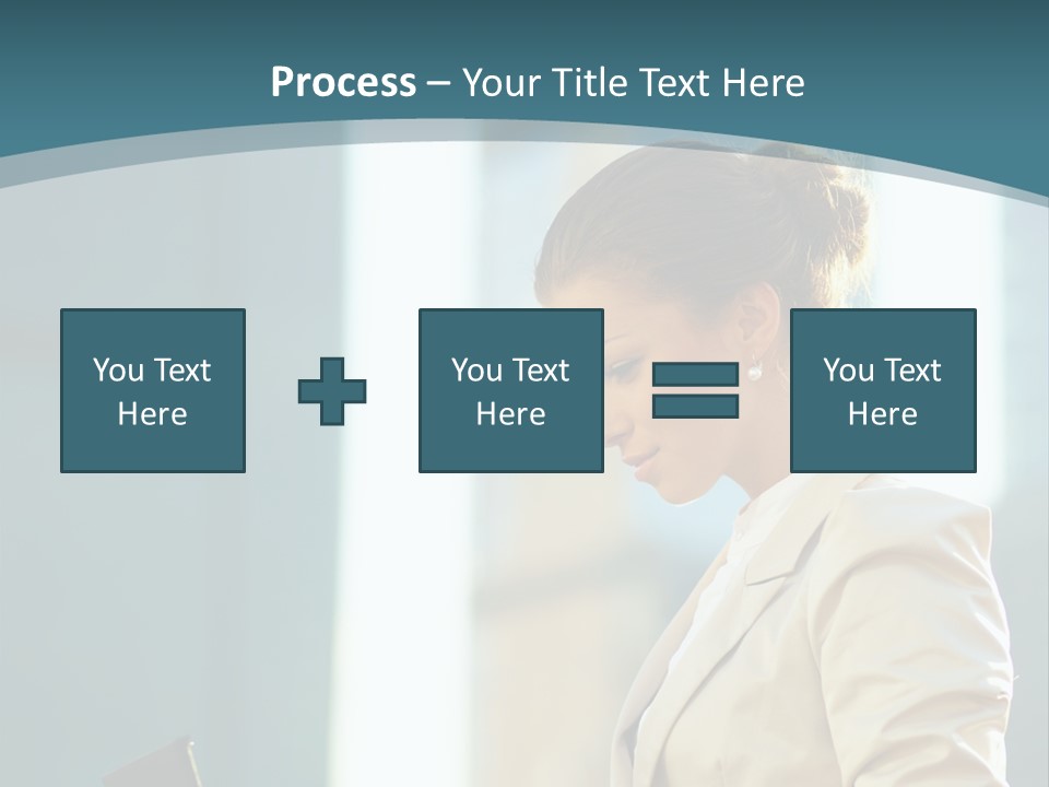 A Woman In A Business Suit Is Looking At Her Tablet PowerPoint Template