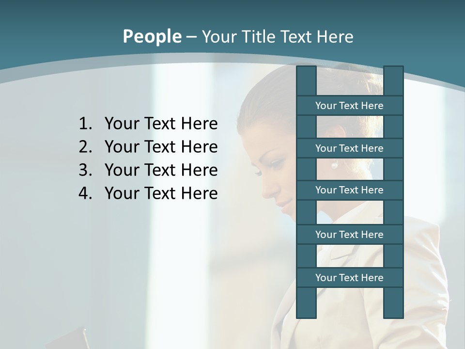 A Woman In A Business Suit Is Looking At Her Tablet PowerPoint Template