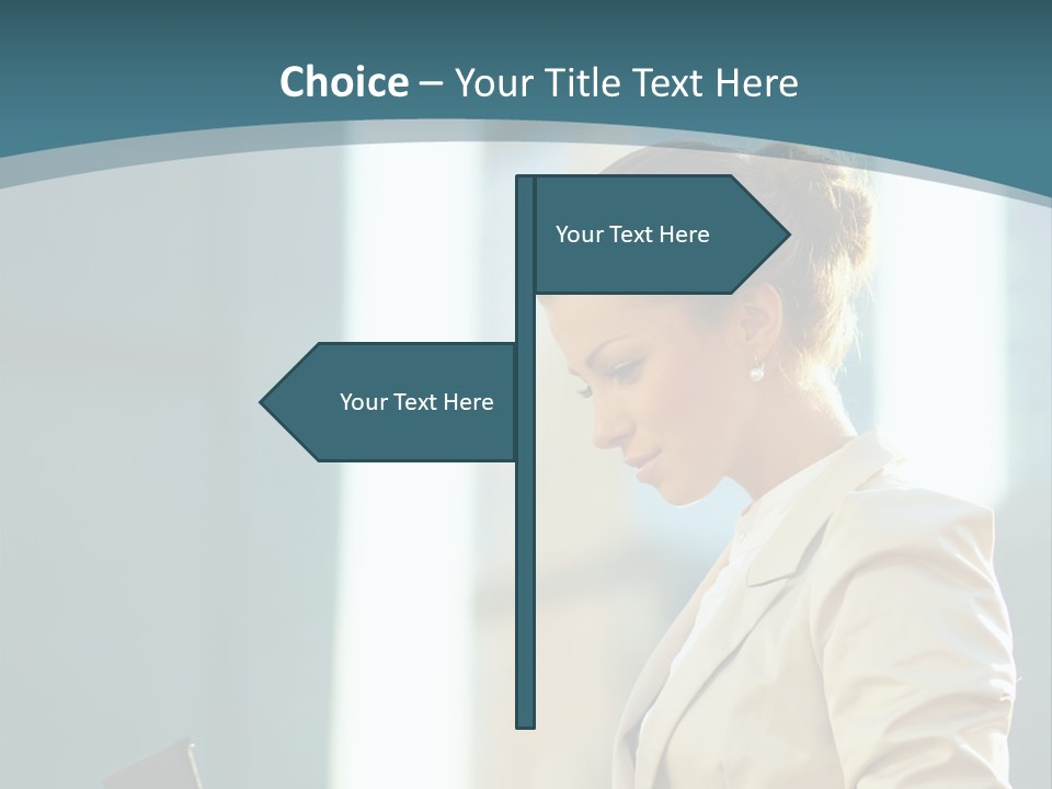 A Woman In A Business Suit Is Looking At Her Tablet PowerPoint Template