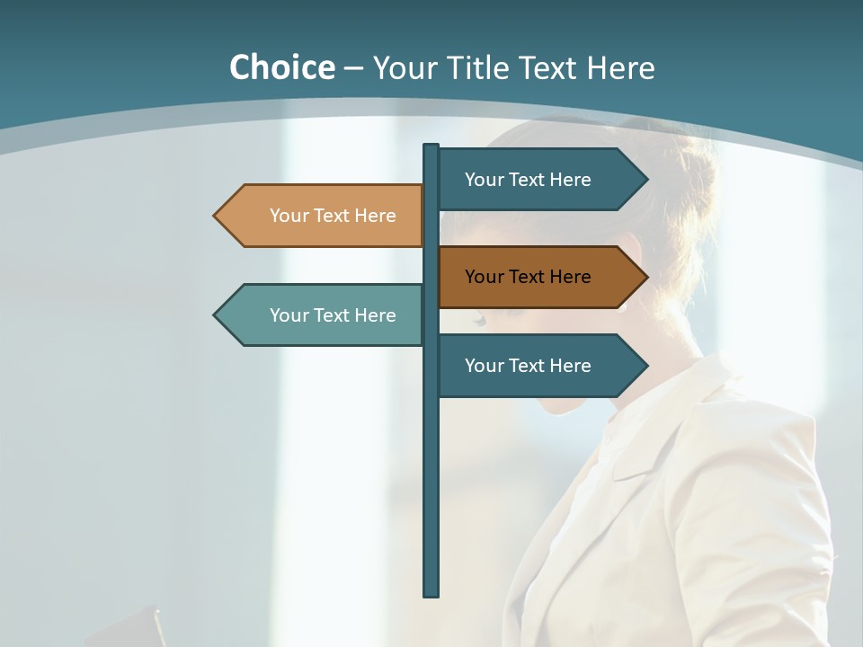 A Woman In A Business Suit Is Looking At Her Tablet PowerPoint Template