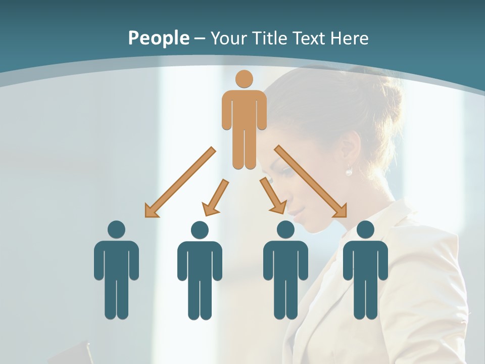 A Woman In A Business Suit Is Looking At Her Tablet PowerPoint Template