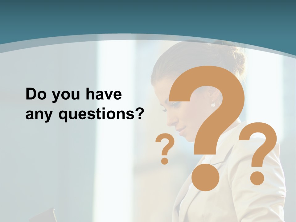 A Woman In A Business Suit Is Looking At Her Tablet PowerPoint Template