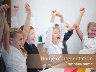 A Group Of Children Raising Their Hands In The Air PowerPoint Template