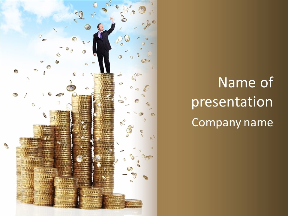 A Man Standing On Top Of A Pile Of Gold Coins PowerPoint Template