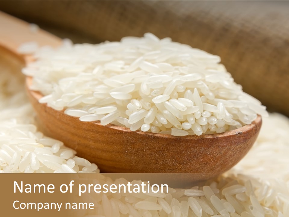 A Wooden Spoon Filled With White Rice On Top Of A Table PowerPoint Template