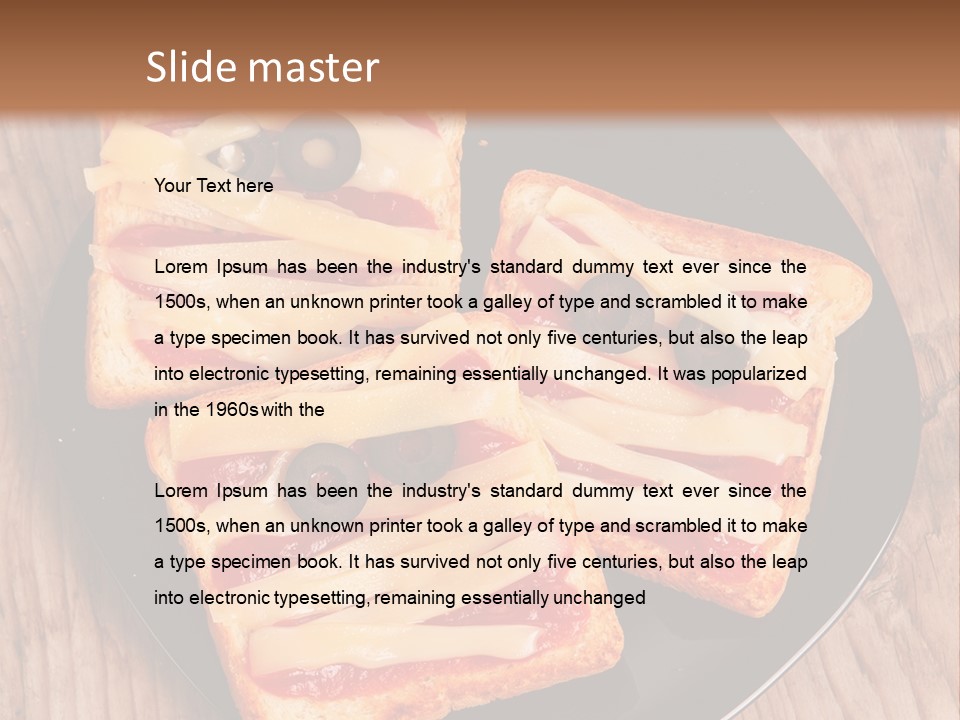 A Black Plate Topped With Slices Of Pizza Covered In Cheese And Olives PowerPoint Template