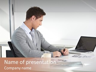 Computer Caucasian Desk PowerPoint Template