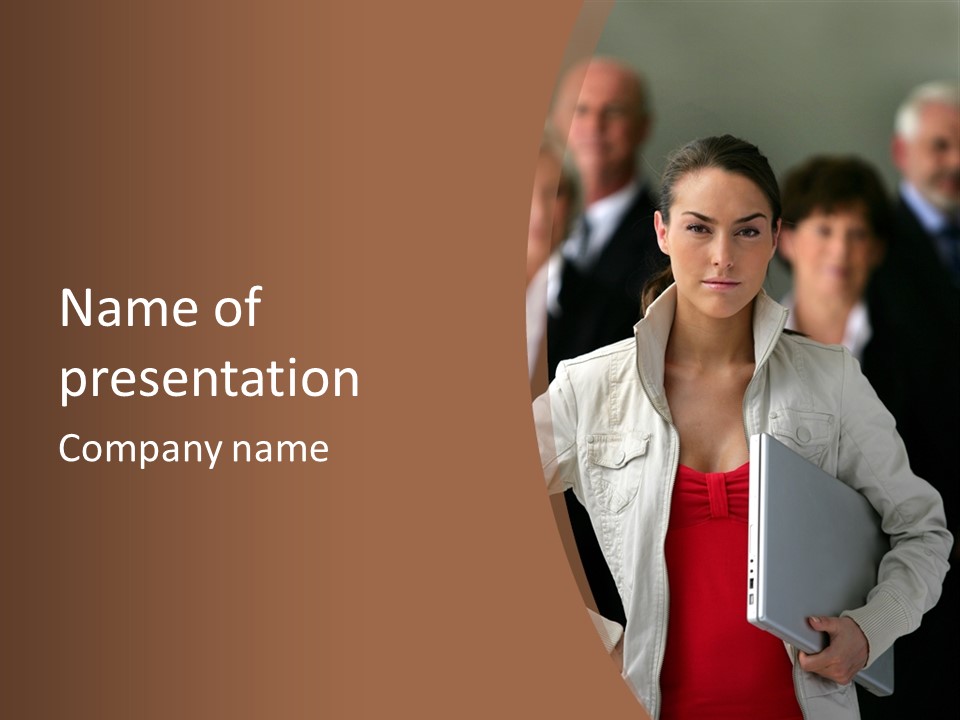 A Woman Holding A Laptop In Front Of A Group Of People PowerPoint Template