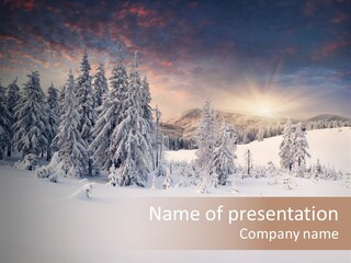 A Snowy Landscape With Trees In The Foreground And A Sunset In The Background PowerPoint Template