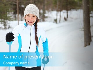 A Woman In A White And Blue Jacket Holding Skis PowerPoint Template