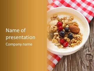 A Bowl Of Cereal And Nuts On A Table PowerPoint Template