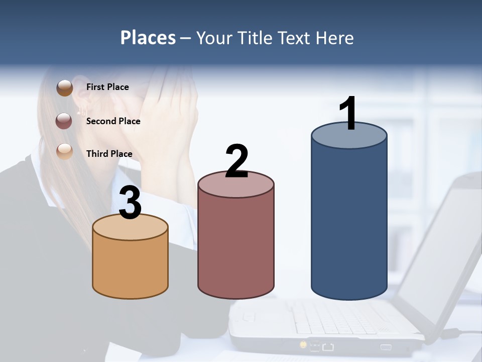 A Woman Sitting At A Desk Covering Her Face With Her Hands PowerPoint Template