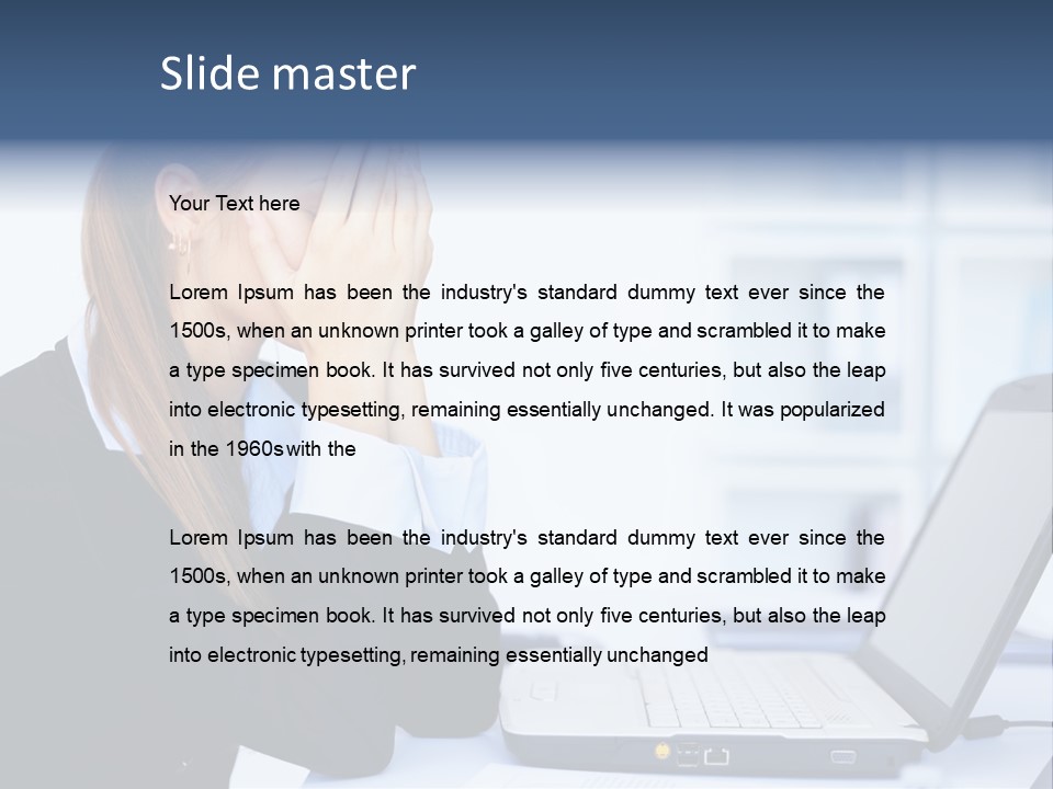 A Woman Sitting At A Desk Covering Her Face With Her Hands PowerPoint Template